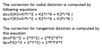 The equations for computing the corrections for radial distortion and tangential distortion.