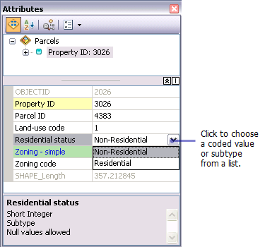 Attributes window showing a drop-down list for a subtype field