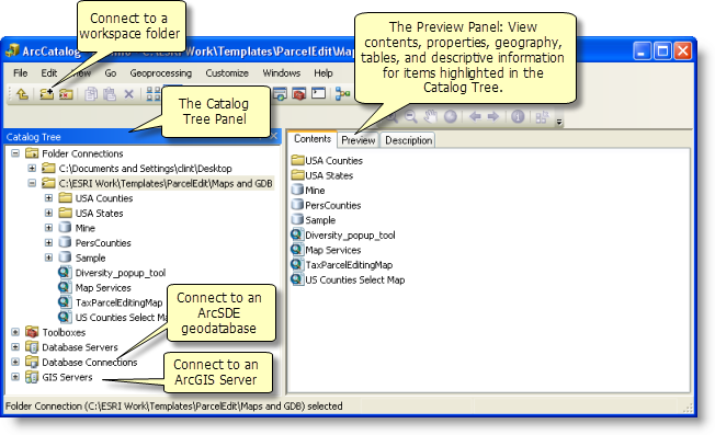 The Catalog tree and item properties in ArcCatalog—ArcMap