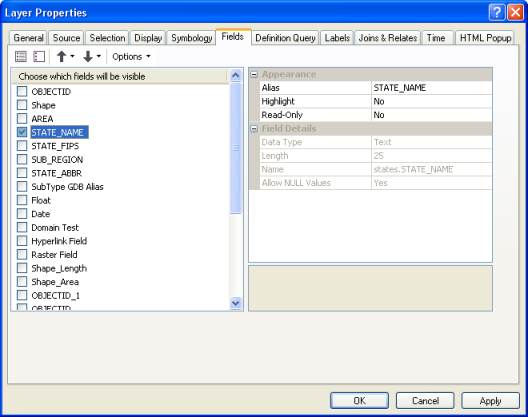 The Fields tab on the Layer Properties dialog box