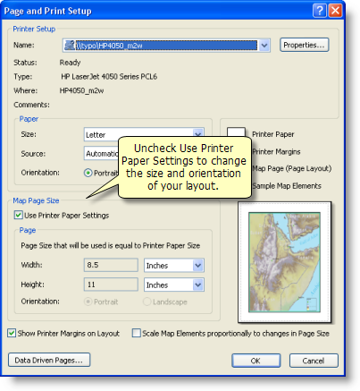 Using the Page and Print Setup dialog box to set the layout size