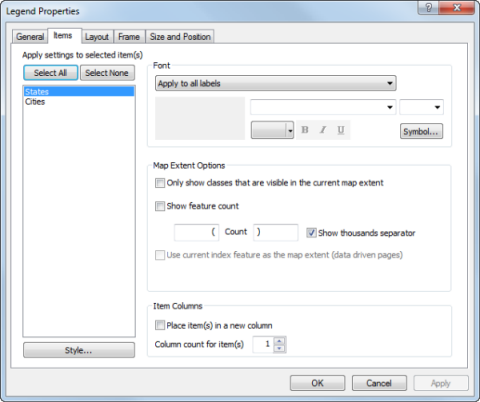 Legend Properties dialog box Items tab