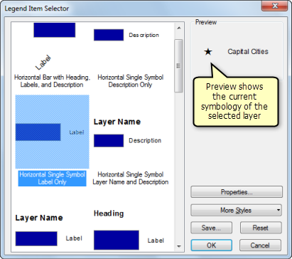 Legend Item Selector dialog box