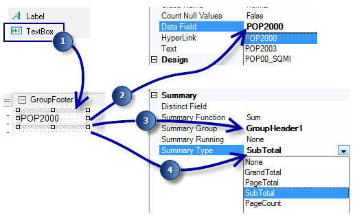 Adding a summary statistic field in the Report Designer