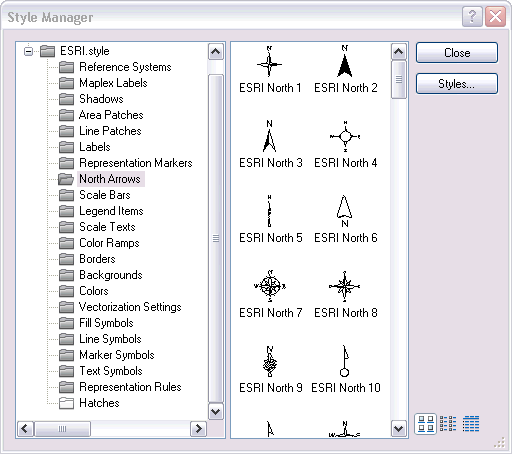 Styles have folders to hold a variety of map elements.