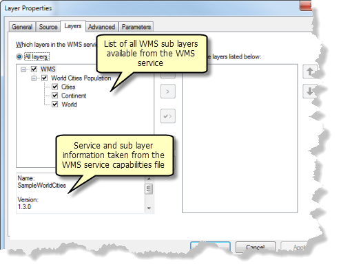 WMS service Layers tab