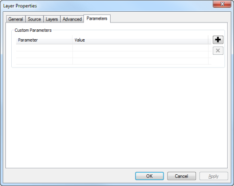 The Parameters tab on the Layer Properties dialog box for WMS layers