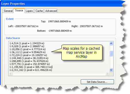 Some of the service properties for a cached map service showing the series of map scales contained in the map cache