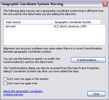 Geographic Coordinate Systems Warning dialog box