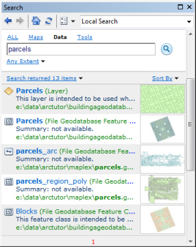 Searching for data using the keyword parcels