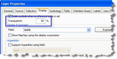 Setting layer transparency on the Display tab