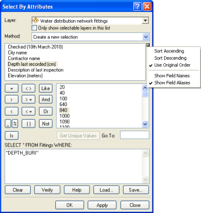 Field display options in the Select By Attributes dialog box