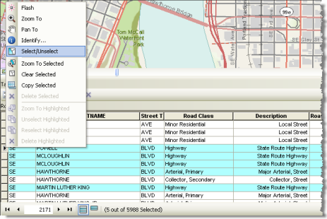 Selecting features in your map display from its highlighted table records