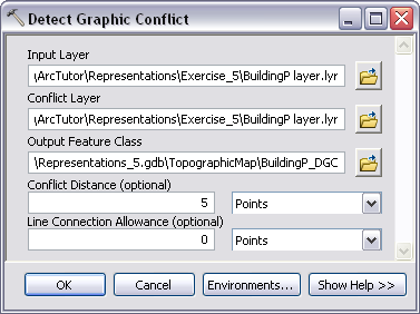 Verify the parameter values in the Detect Graphic Conflict geoprocessing tool are the same as shown in the example.