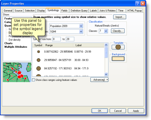 Setting display properties for the symbol legend and table of contents