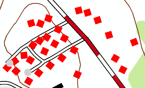 Buildings angled according to values stored in the Angle attribute field of the data