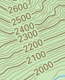 Index contours being labeled using a label expression and the Contour label placement option