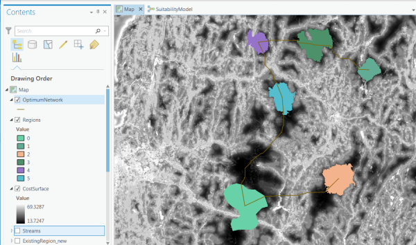 OptimumNetwork and Regions layers displayed on top of the CostSurface layer