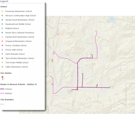 The map for Station 51 showing two possible routes to schools