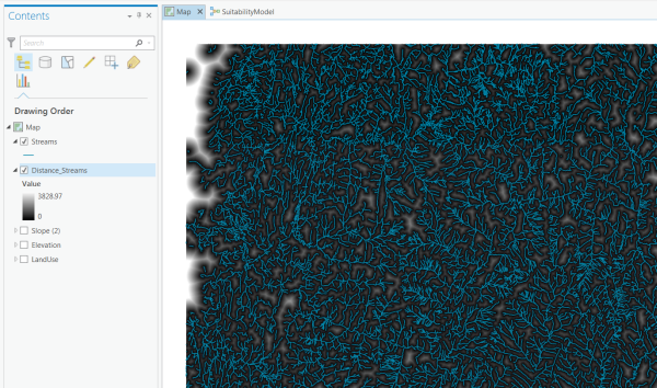 Resulting map from Euclidean Distance with streams displayed on top of it