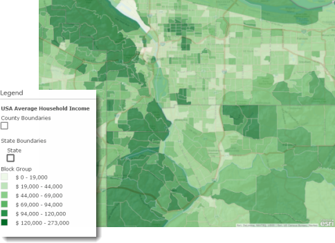 Map showing the USA average household income for the western portion of the metropolitan region