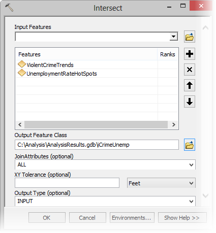 Intersect tool parameters