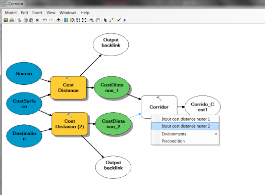 Connecting the cost distance from the Destination to the Corridor tool and entering it as the Input cost distance raster 2