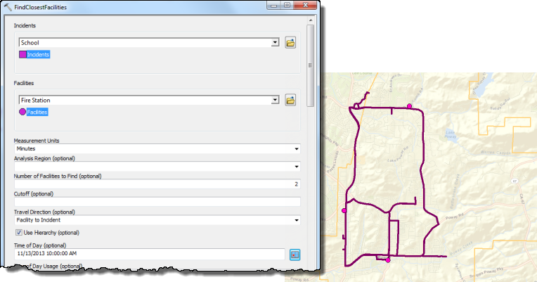 FindClosestFacilities dialog and parameters using time of day