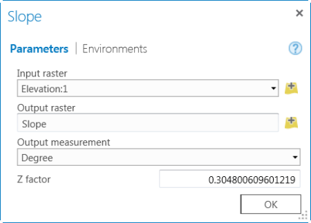 Slope tool dialog box with parameters specified