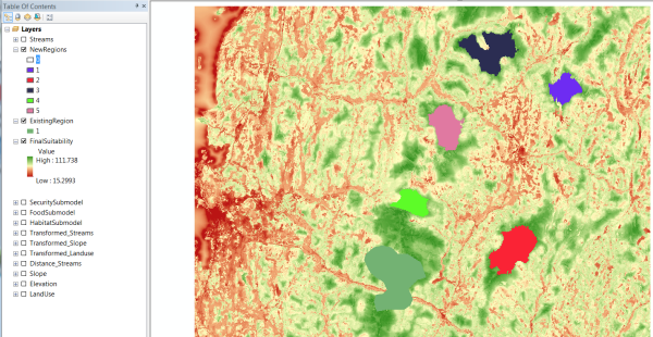 The NewRegions and ExistingRegion layers displayed over the final suitability surface