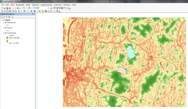 Source and Destination layers displayed on the CostSurface layer