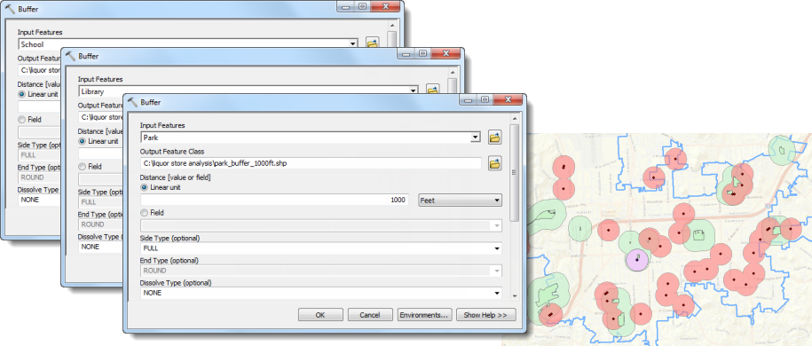 Buffer tool with required parameters for schools, libraries and parks