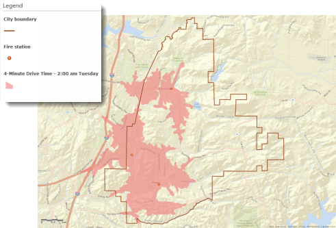 Map showing area within a four-minute drive time from a fire station during light traffic conditions