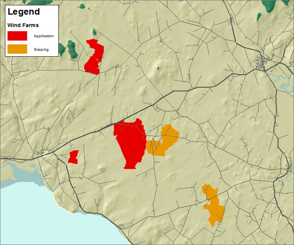 Map of proposed wind farms and nearby roads