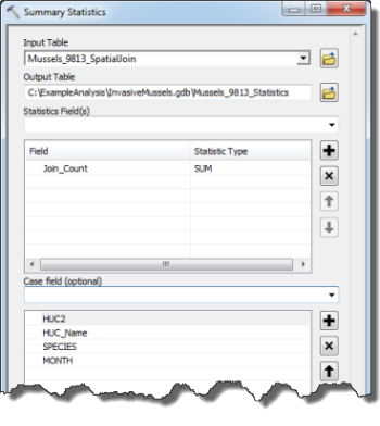 Summary Statistics dialog box with completed parameters