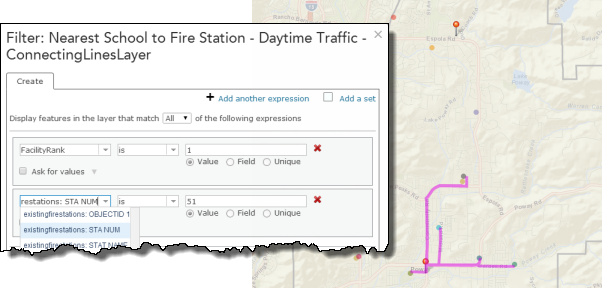 Filter dialog and parameters to select ConnectingLinesLayer FacilityRank equal to 1