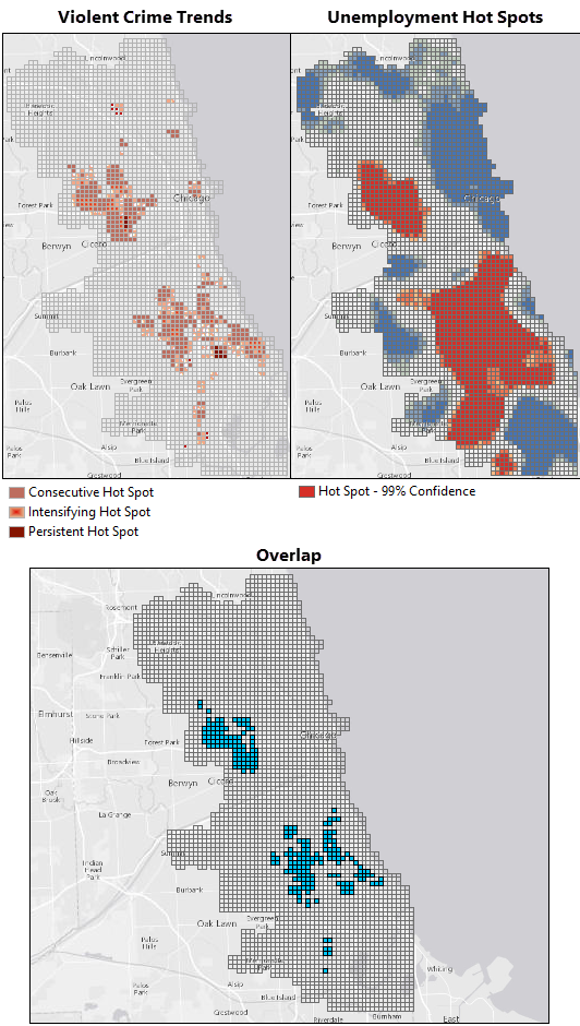 Overlap between violent crime trends and unemployment hot spots