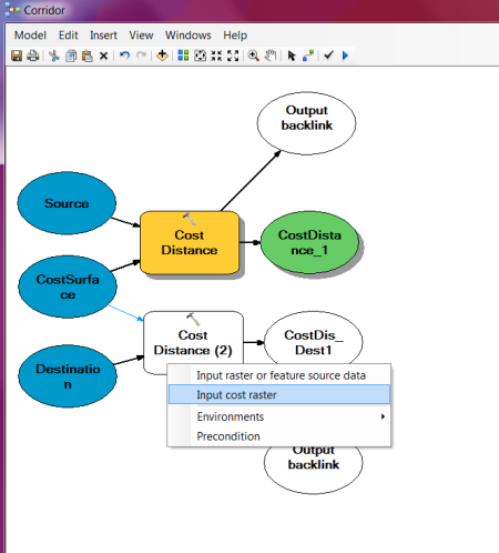 Connecting CostSurface to the second Cost Distance tool and entering it as the Input cost raster