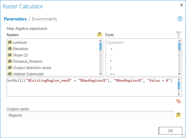 Raster Calculator tool dialog box with parameters specified