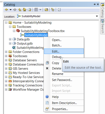 Opening the SuitabilityModel ModelBuilder model