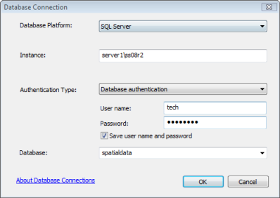 Ejemplo de conexión a una base de datos en una instancia con nombre de SQL Server utilizando la autenticación de base de datos