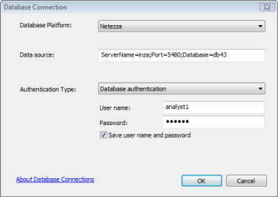 Ejemplo de conexión a Netezza cuando no se ha configurado un nombre de fuente de datos
