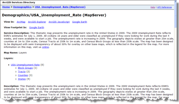 La descripción del directorio de servicios para un servicio de mapas de información demográfica/tasa de desempleo en EE.UU.