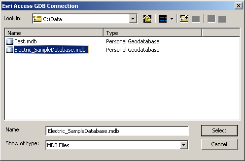 Selecting the desired ESRI Access geodatabase