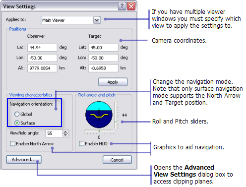 El cuadro de diálogo Configuración de la vista en ArcGlobe