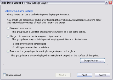 Asistente Agregar Datos para las capas de grupo agregadas a ArcGlobe que no poseen ninguna propiedad definida de la caché de globo.