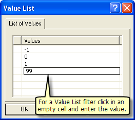 Filtro de lista de valores