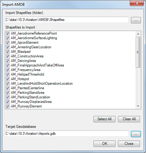 Import AMDB dialog boxes