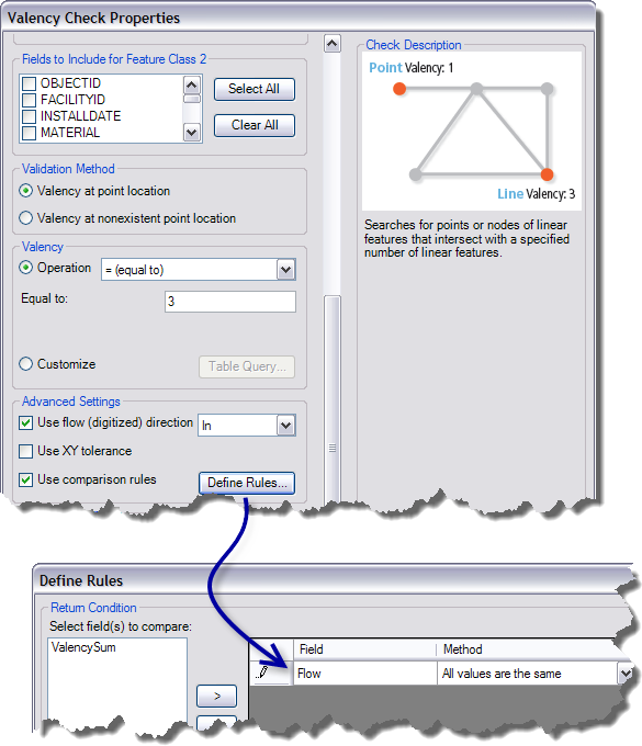 La Comprobación de valencia configurada para usar la opción Usar dirección del flujo (digitalizada)
