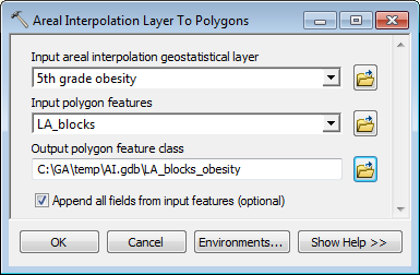 Areal Interpolation Layer To Polygons geoprocessing tool dialog box